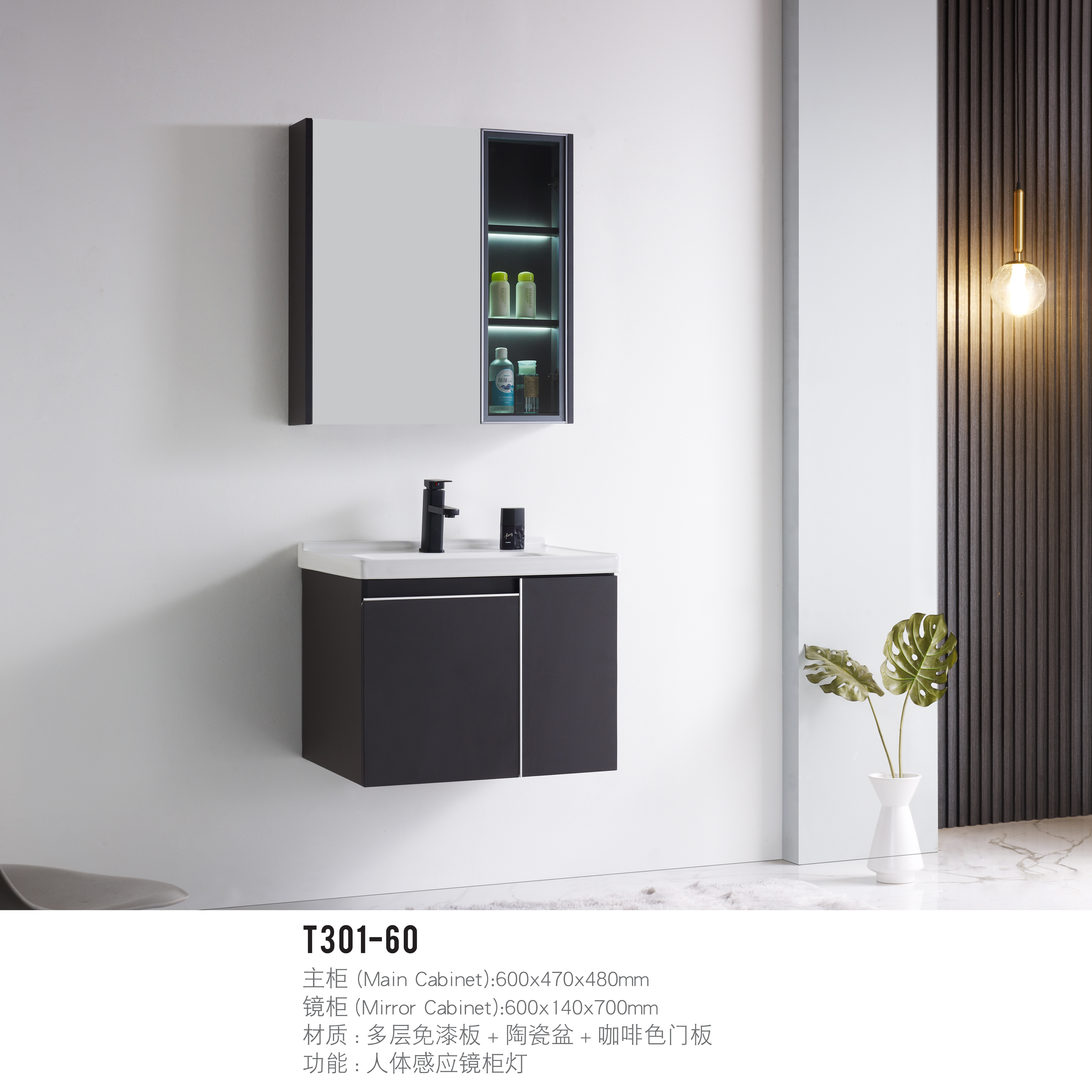 T301-60 (Main Cabinet):600470480mm (Mirror Cabinet):600x140x700mm